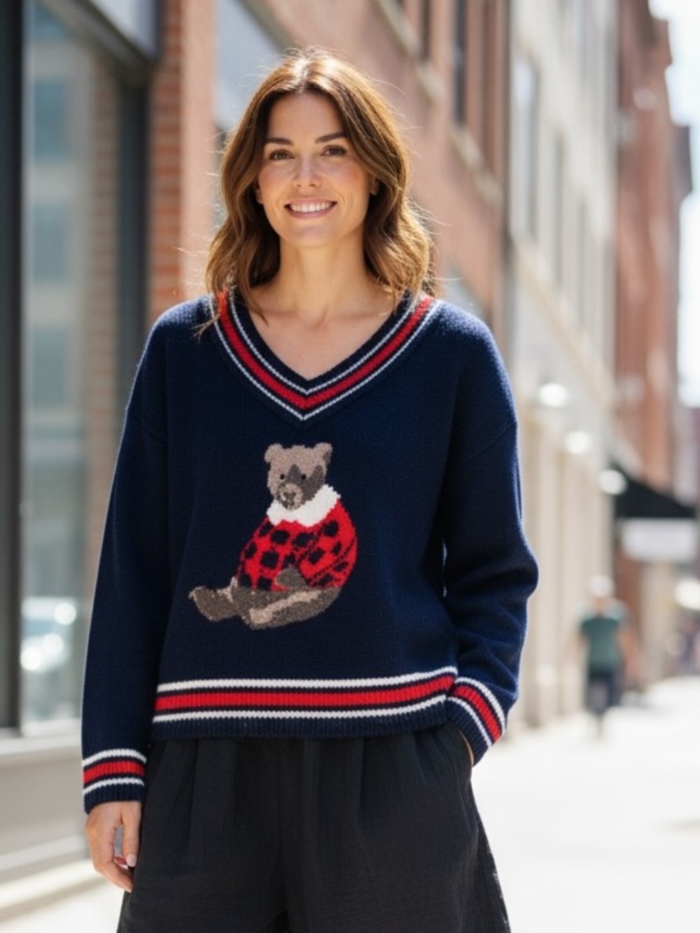 NWT Cupcakes & Cashmere Navy Teddy Bear V-Neck Sweater Size Medium